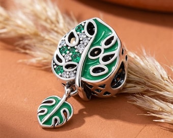 Silver Monstera Charm, Green Enamel Tropical Leaf pPendant, Botanical Bracelet Dangle