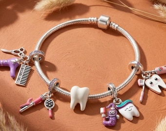 Hairdresser and Dentist Charm, Sterling Silver Salon Tools, Curling Iron, Tooth Dangle