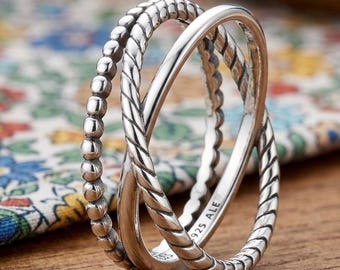 Crossover Ring Set, Twisted Rope Band Duo, Intertwined 925 Silver Rings for Her