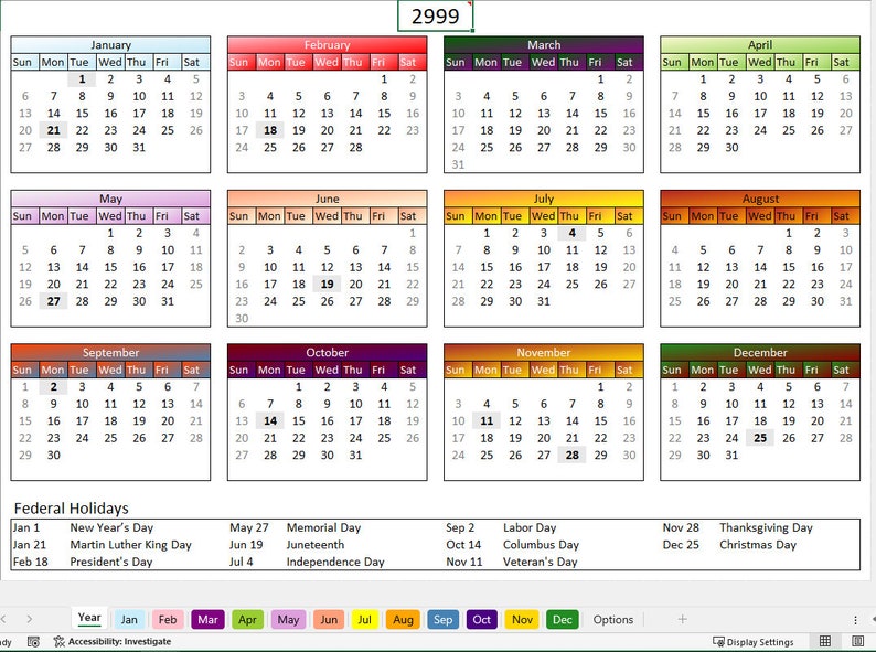 Forever Printable Calendar Simple Excel Spreadsheet Digital