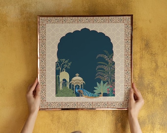 May include: A framed print featuring an Indian-inspired design. The artwork showcases a peacock, ornate structures, and lush greenery within a dark teal archway. The frame has a copper finish with a decorative border.