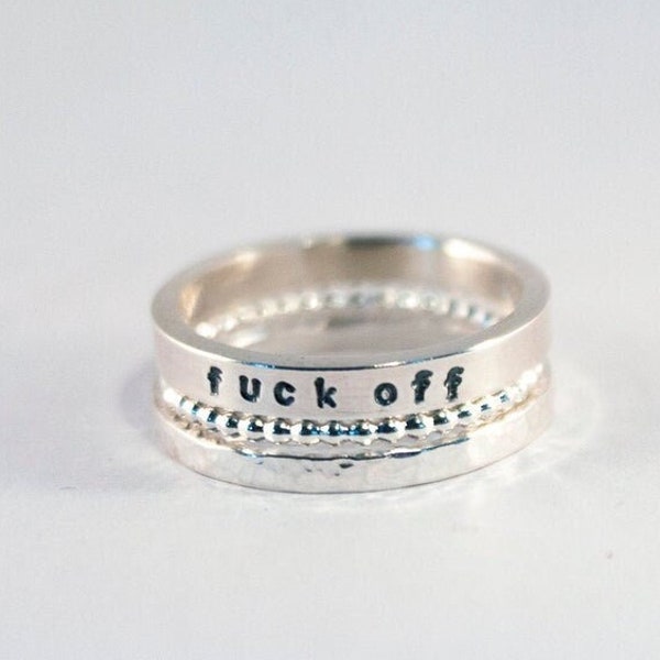 Sterling silver fuck off stacking rings. Handmade Offensive Swear Ring. Rude & Funny stacking rings. Fuck You, Fuck It, Fuck.. Made in Wales