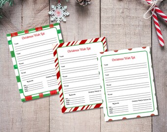 Può includere: Tre modelli di lista dei desideri di Natale stampabili con diversi design festivi. Ogni lista ha sezioni per "Voglio", "Ho bisogno", "Vorrei", "Il mio preferito" e "Desiderio di Natale per qualcun altro".