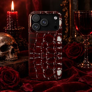 Dark Red Crocodile Leather Phone Case | Slim, Glossy, Python Texture