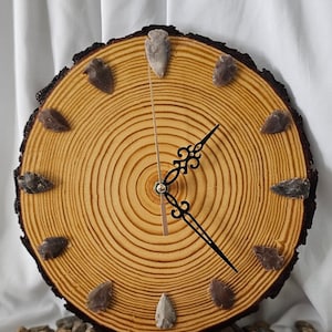 Natural solid Pine wood and Agate Stone Arrowhead Clocks. Handmade, rustic and unique. For home or gifting. 10&quot;-11&quot; diameter.
