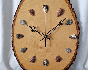 Basswood & Agate Arrowhead Clock: Rustic Handmade Wall Decor.