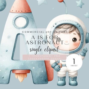 Alfabeto imprimir pequeño astronauta nave espacial bebé ducha regalo vivero arte niños habitación decoración, bebé niño, letra A impresión digital acuarela PNG