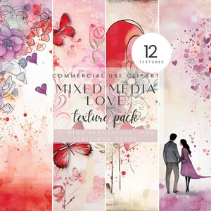 Papier numérique mixte pour la Saint-Valentin, rouge, rose, aquarelle coeurs, oiseaux, papillon amour romantique textures, téléchargement numérique, usage commercial