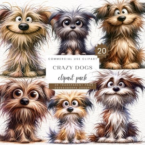 Crazy Dog Clipart, divertido paquete de imágenes prediseñadas digitales, perrito lindo, descarga instantánea, sublimación, tarjetas de scrapbooking de acuarela, mascotas, SC-0170