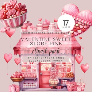 Valentines Day Sweet Store Clipart, Valentine Watercolor Candy Heart Sweets Box Shop Clip art, Romantic Clipart, Pink, Red, Commercial Use