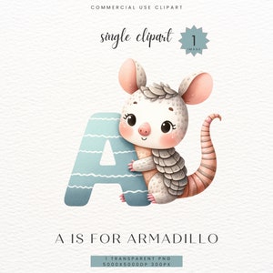Armadillo Alphabet Clipart, Baby Boy Girl Shower Gift, Blue Nursery Child Room Decor Letra A, Impresión digital Clip Art Acuarela PNG, SC-0118