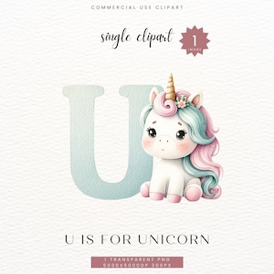 Clipart del alfabeto de unicornio, regalo de baby boy girl shower, decoración de la habitación infantil de la guardería letra U impresión digital, clip art acuarela PNG, SC-0138