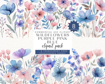 Wildflowers Floral watercolor clipart, Summer Fall Flowers Clip art, Meadow, Pink, Purple, Blue, Border Arrangement PNG, Digital Download