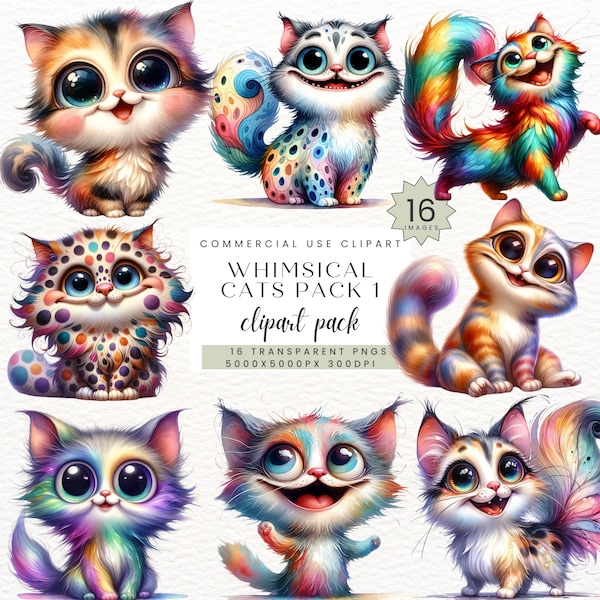 Quirky Cat Clipart, Whimsical Cute Funny Cat Clip Art, Quirky Kitten Art, Sublimation Watercolor graphics PNG,  Whimsy Cats illustrations