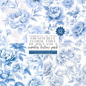 French Blue Floral Toile De Jouy Digital Paper,  Vintage Floral Patterns, Blue And White Chinoiserie Backgrounds, French Toile JPG, SC-0176
