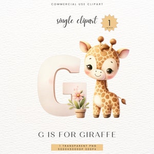 Jirafa alfabeto clipart, bebé niño niña ducha regalo, amarillo vivero habitación decoración letra G impresión digital clip arte acuarela PNG, SC-0123