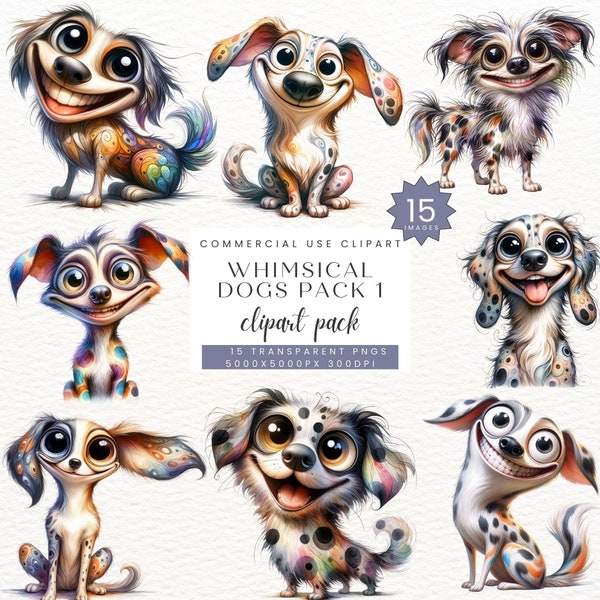 Quirky Dogs Clipart, Whimsical Cute Funny Dog Clip Art, Quirky pup Art, Sublimation Watercolor graphics PNG,  Whimsy Doggy illustrations