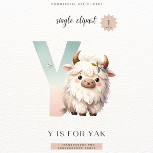 Yak Alphabet Clipart, Baby Boy Girl blue Shower Gift, Nursery Child Room Decor Carta Y Impresión digital, Clip Art Acuarela PNG, SC-0142