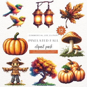 Automne pixélisé, Halloween, Pixel Clip Art, foin, lanternes, épouvantail, oiseaux, arbre, champignons, maïs, téléchargement numérique, Clipart PNG, SC-0204