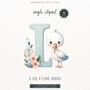 Ibis Alphabet Clipart, Baby Boy Girl Shower Gift, Blue Nursery Child Room Decor Carta I Impresión digital, Clip Art Acuarela PNG, SC-0125