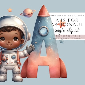 Alfabeto imprimir pequeño astronauta nave espacial bebé ducha regalo vivero arte niños habitación decoración, niño negro, letra A acuarela digital PNG