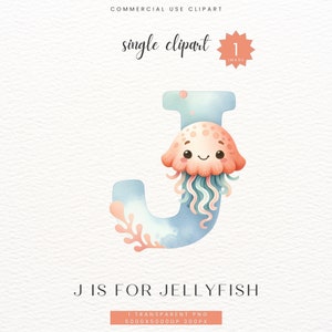 Qualle Alphabet Clipart, Baby-Dusche-Geschenk, Kinderzimmer Kinderzimmer Dekor Buchstabe J Digitaldruck, Clip Art Aquarell PNG, SC-0126