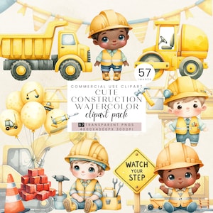 Clipart équipage construction fête, camion-benne anniversaire garçon fête clipart, véhicules, panneaux, ballons, banderoles, aquarelle téléchargement numérique PNG