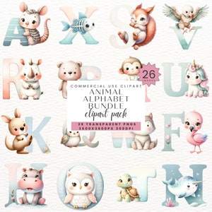 Cute Animal Alphabet Clipart, Watercolor Clip Art Collection, Nursery Decoration, Animalss A To Z PNG, Digital Download, Commercial Use