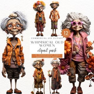 Funny Cartoon Whimsical Grandmother Older Lady Clipart, Grannies Clip Art, Mixed Media Quirky Crazy Old Lady PNG, Transparent Commercial Use