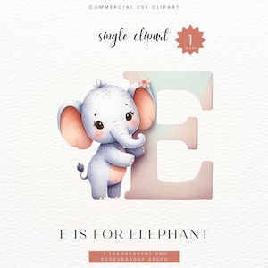 Elepant Alphabet Clipart, Baby Boy Girl Shower Gift, Pink Nursery Child Room Decor Carta E Impresión digital Clip Art Acuarela PNG, SC-0122