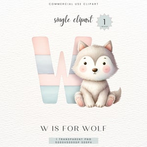 Imágenes Prediseñadas del alfabeto del lobo, regalo de ducha para bebé niño niña, letra de decoración de la habitación del niño de la guardería W impresión digital, Clip Art acuarela PNG, SC-0140