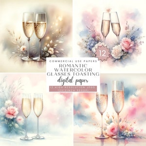 Romantico acquerello Champagne Tostatura, Fiori di carta Scrapbook, Decorazione di nozze, Romance Love jpg, Journaling, Download digitale, SC-0145