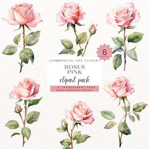 Watercolor Pink Floral Clipart Roses, PNG Pink Flowers Clip Art,Wedding Card Decoration, Romantic Floral Rose Bud, PNG, Digital Download