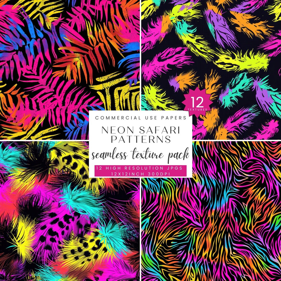 Neon Safari Pattern, Digital Seamless Paper, Fur and Leaves, Leopard ...