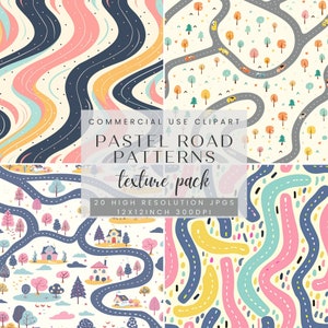 Motifs de routes pastel, arrière-plan abstrait de scrapbooking numérique, papier à motif routes texturé, carte pour enfants, papiers imprimables techniques mixtes JPG
