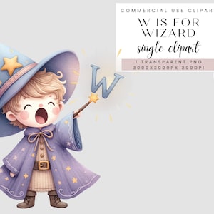 Clipart del alfabeto del mago, regalo de baby shower para niños pequeños, decoración de la habitación de los niños de la guardería, letra W Descarga digital Clip Art comercial, acuarela PNG
