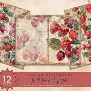 Vintage Strawberry Junk Journal Pages, Fraises rouges, Techniques mixtes, Double page double, Scrapbooking, téléchargement numérique, JPG JJ-0006