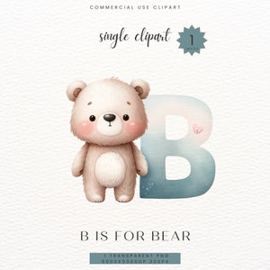 Oso alfabeto clipart, bebé niño niña ducha regalo, azul vivero niño habitación decoración letra B impresión digital clip art acuarela PNG, SC-0119