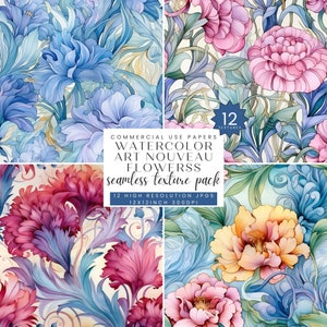 Watercolor Art Nouveau Flowers Seamless Digital Paper Pack, Floral Patterns, Abstract Scrapbook Background, Vintage Graphic Mixed Media  JPG