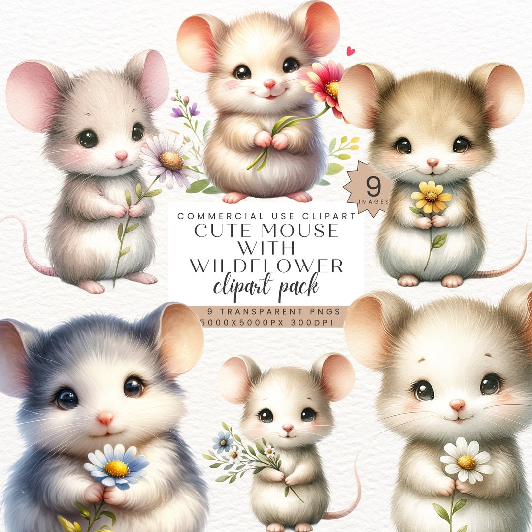 Baby Mouse With Flower Clipart, Cute Rodents Flowers,, Digital Download ...