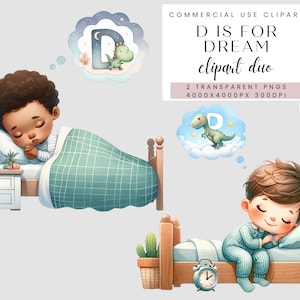 Duo di clipart con alfabeto da sogno, regalo per neonato in bianco e nero, sogno di dinosauro, cameretta per bambini, clip art digitale lettera D, acquerello PNG