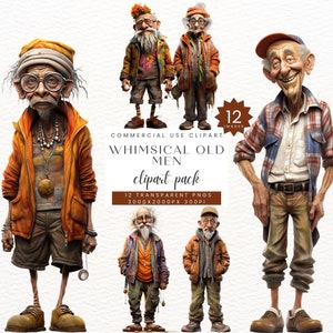 Clipart drôle de bande dessinée lunatique grand-père hommes plus âgés, clipart grands-pères, techniques mixtes décalés vieillards fous PNG, Transparent usage Commercial