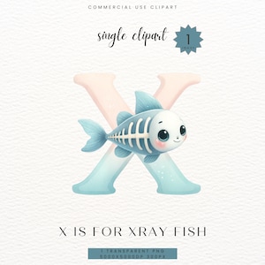 Imágenes prediseñadas del alfabeto de peces de rayos X, regalo de ducha de niña bebé, decoración de la habitación del niño de la guardería letra X impresión digital, Clip Art acuarela PNG, SC-0141