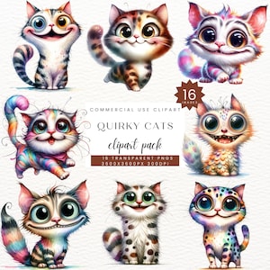 Quirky Cats PNG, Cute Cat Clipart, Funny Animal Digital Download, Whimsical Watercolor Kittens Art, Card,  Sublimation Bundle PNG, SC-0183
