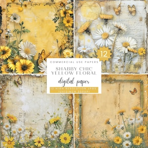 Papier floral jaune shabby chic, aquarelle imprimable, album de scrapbooking floral fleurs sauvages à téléchargement numérique, journal indésirable vintage, JPG, SC-0151