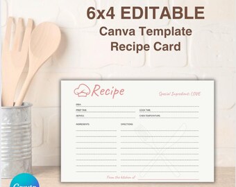 Plantilla de tarjeta de recetas editable: Diseño minimalista de Canva de 6x4 (descarga digital)