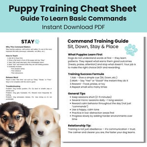 Op de afbeelding: Een puppy trainingscheat sheet met de titel "Puppy Training Cheat Sheet Guide To Learn Basic Commands". De gids bevat instructies en een foto van twee puppy's.