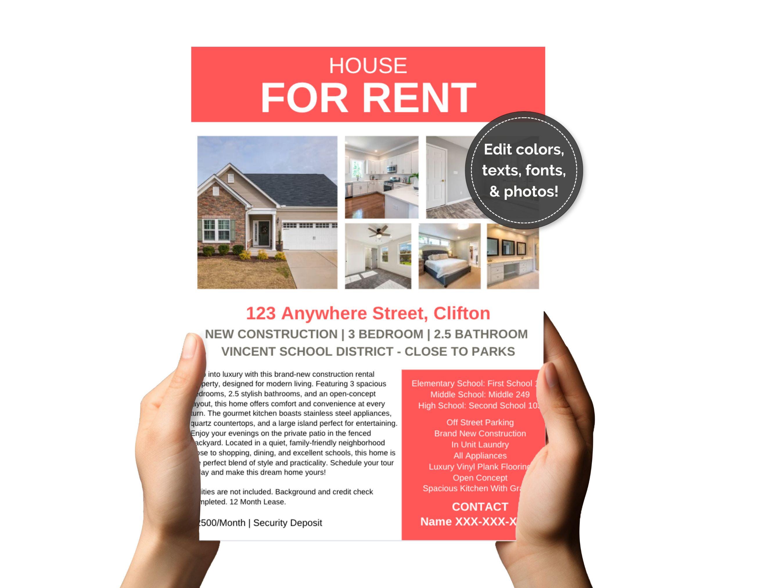 Editable for Rent Flyer Template: Canva Design (8.5x11 Inch), Instant ...