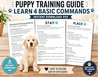 Valpträningsguide PDF direktnedladdning | Grundläggande hundkommandon utskrivbara | Sitt, ner, stanna, placera | Ny valpträning | Hundlydnad
