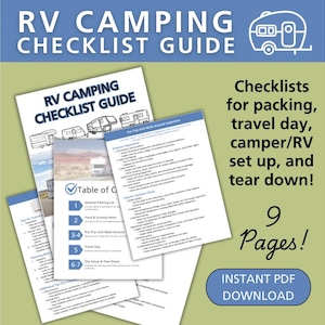 RV Camping Checklist Printable Guide, 9 Pages Including Packing Lists, Maintenance Lists, and Travel Lists